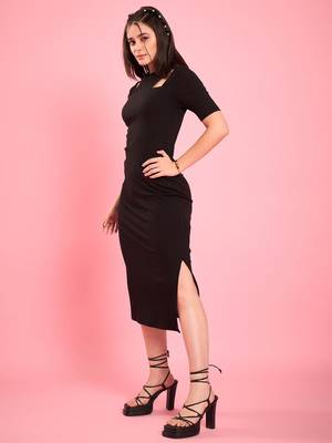 Black knitted shoulder cutout ribbed midi bodycon dress 3