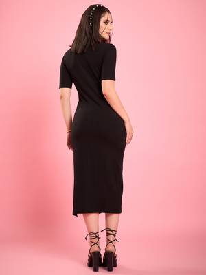 Black knitted shoulder cutout ribbed midi bodycon dress 4