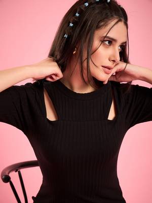 Black knitted shoulder cutout ribbed midi bodycon dress 5