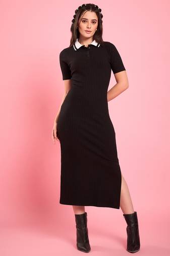 Winered women black collared bodycon dress