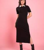 Winered women black collared bodycon dress