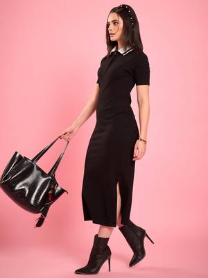 Winered women black collared bodycon dress 2