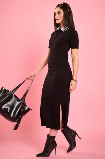 Winered women black collared bodycon dress