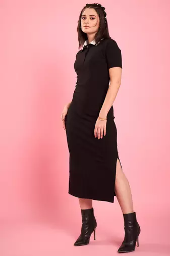 Winered women black collared bodycon dress
