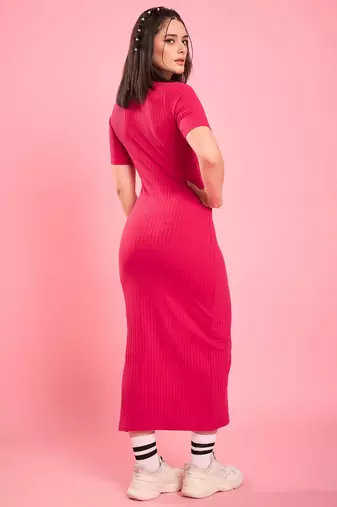 Winered women pink collared bodycon dress