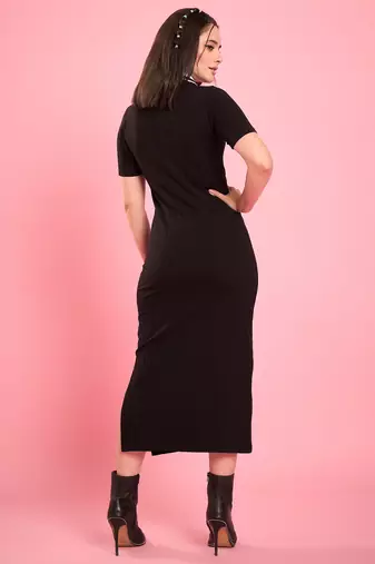 Winered women black collared bodycon dress