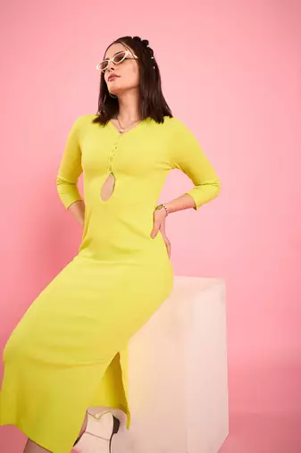 Winered women lime cut-out ribbed bodycon midi dress
