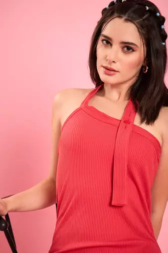 Winered women red halter neck ribbed bodycon dress