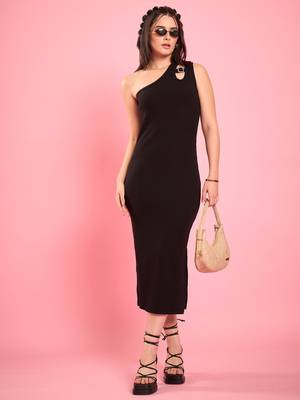 Winered women black one-shoulder bodycon midi dress 1