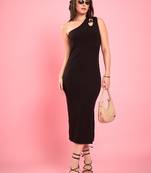 Winered women black one-shoulder bodycon midi dress