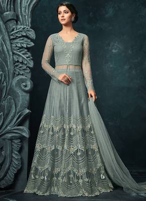 Grey zari resham embroidery and stones work net anarkali suits 1