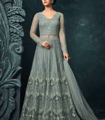 Grey zari resham embroidery and stones work net anarkali suits