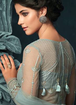 Grey zari resham embroidery and stones work net anarkali suits 2