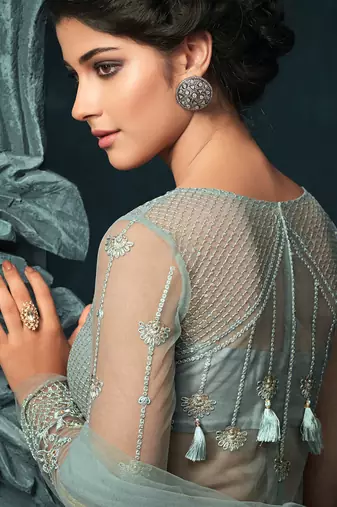 Grey zari resham embroidery and stones work net anarkali suits