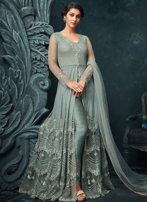 Grey zari resham embroidery and stones work net anarkali suits 3