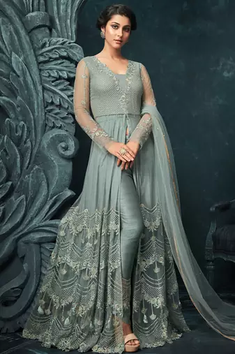 Grey zari resham embroidery and stones work net anarkali suits