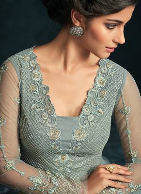 Grey zari resham embroidery and stones work net anarkali suits 4