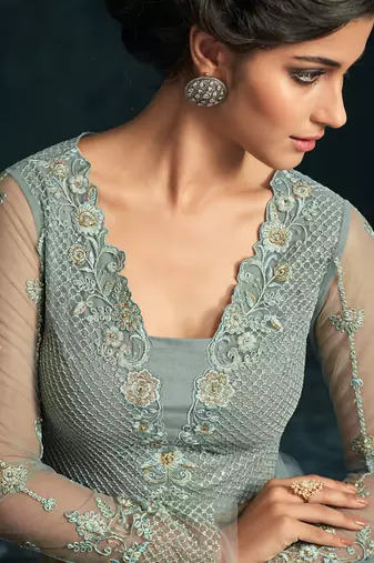 Grey zari resham embroidery and stones work net anarkali suits