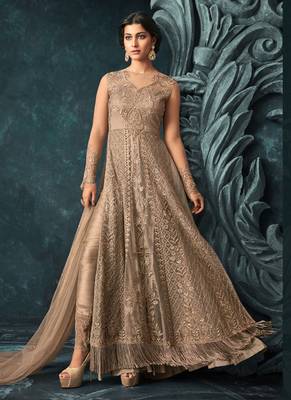 Beige zari resham embroidery and stones work net anarkali suits 1