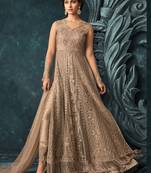 Beige zari resham embroidery and stones work net anarkali suits