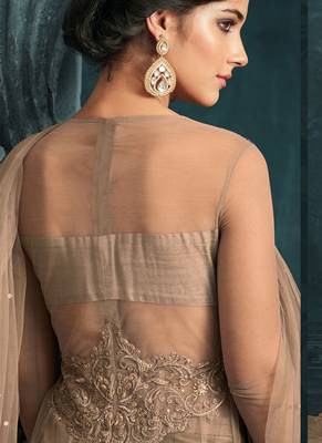 Beige zari resham embroidery and stones work net anarkali suits 2