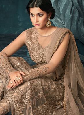 Beige zari resham embroidery and stones work net anarkali suits 3