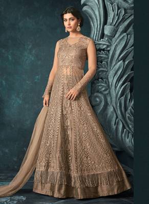 Beige zari resham embroidery and stones work net anarkali suits 4