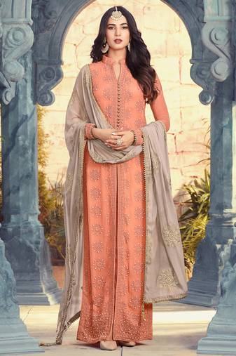 Peach embroidered georgette salwar kameez