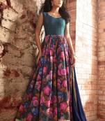 Teal blue embroidered & print silk anarkali suits