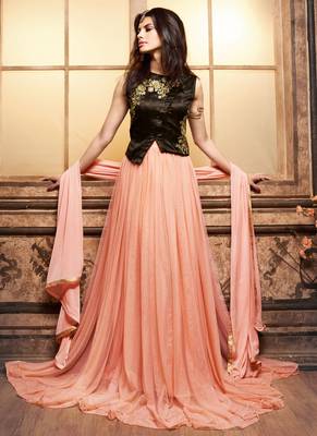 Peach embroidered net anarkali suits with jecket 1