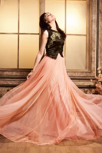Peach embroidered net anarkali suits with jecket