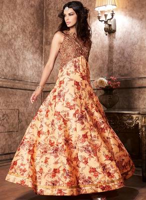 Beige embroidered & print silk anarkali suits 1