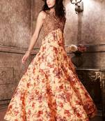 Beige embroidered & print silk anarkali suits