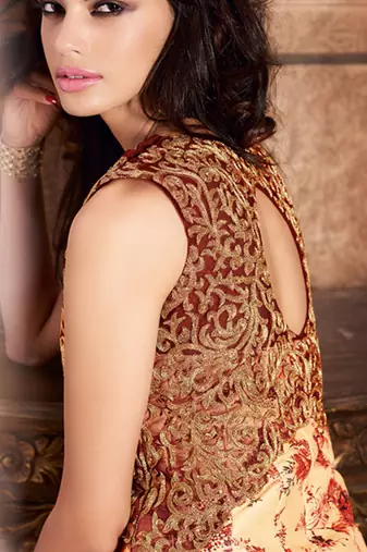 Beige embroidered & print silk anarkali suits