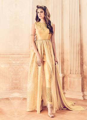 Beige embroidered net anarkali suits 1