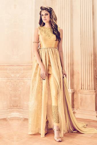 Beige embroidered net anarkali suits