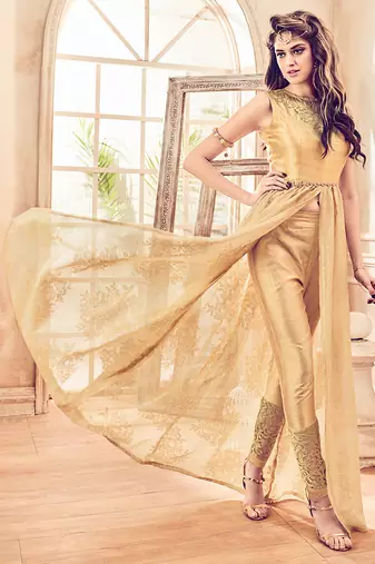 Beige embroidered net anarkali suits