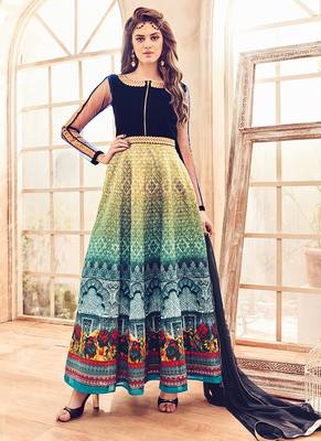 Peacock blue embroidered & print velvet & silk anarkali suits 1