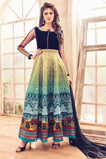 Peacock blue embroidered & print velvet & silk anarkali suits