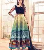 Peacock blue embroidered & print velvet & silk anarkali suits