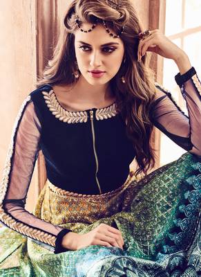 Peacock blue embroidered & print velvet & silk anarkali suits 2