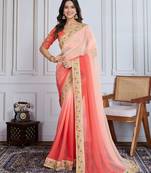 Coral-Pink and Peach Digital Print with Embroidered Georgette saree
