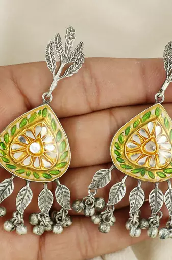 Green meena oxidized jhumka earrings