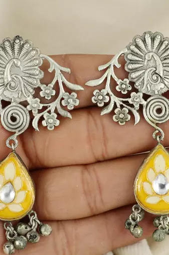 Yellow meena oxidized jhumka earrings