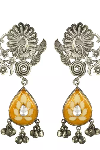Yellow meena oxidized jhumka earrings