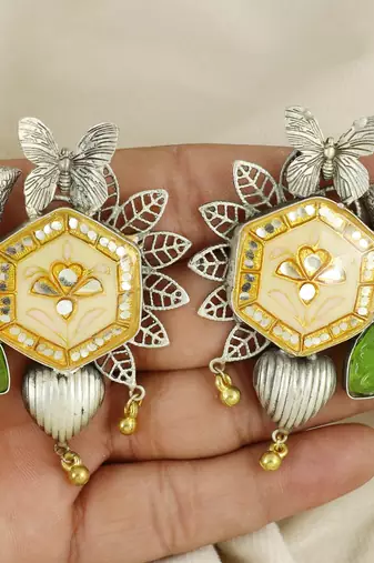 Peridot carving meenakari earrings