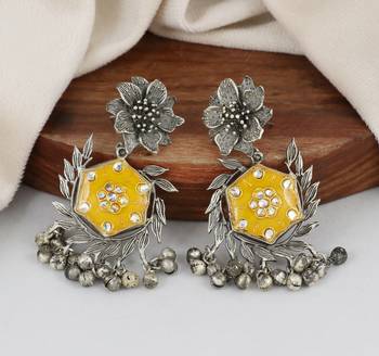 Yellow meena oxidized flower earrings 1