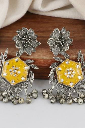 Yellow meena oxidized flower earrings