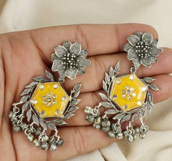 Yellow meena oxidized flower earrings 2