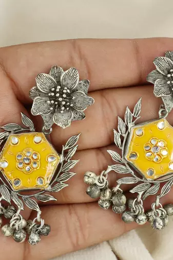 Yellow meena oxidized flower earrings